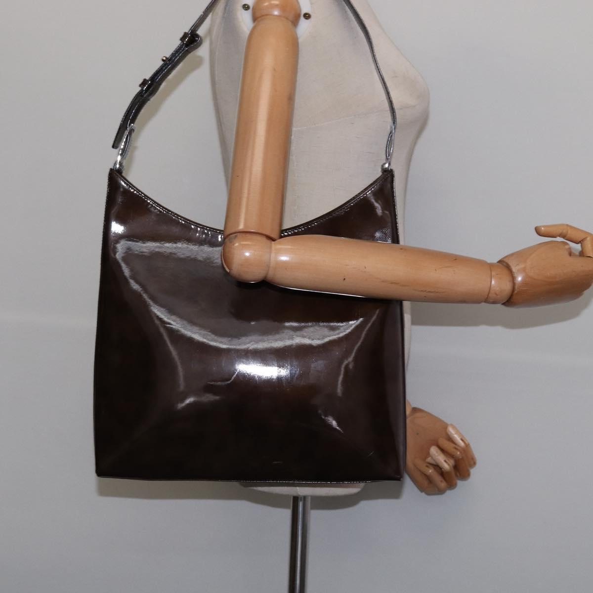 Salvatore Ferragamo Chain Vala Shoulder Bag Enamel Brown Silver Auth 143223