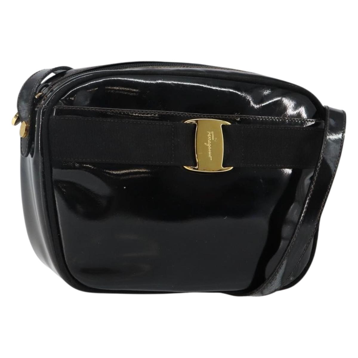 Salvatore Ferragamo Vala Shoulder Bag Enamel Black Gold Auth 143264