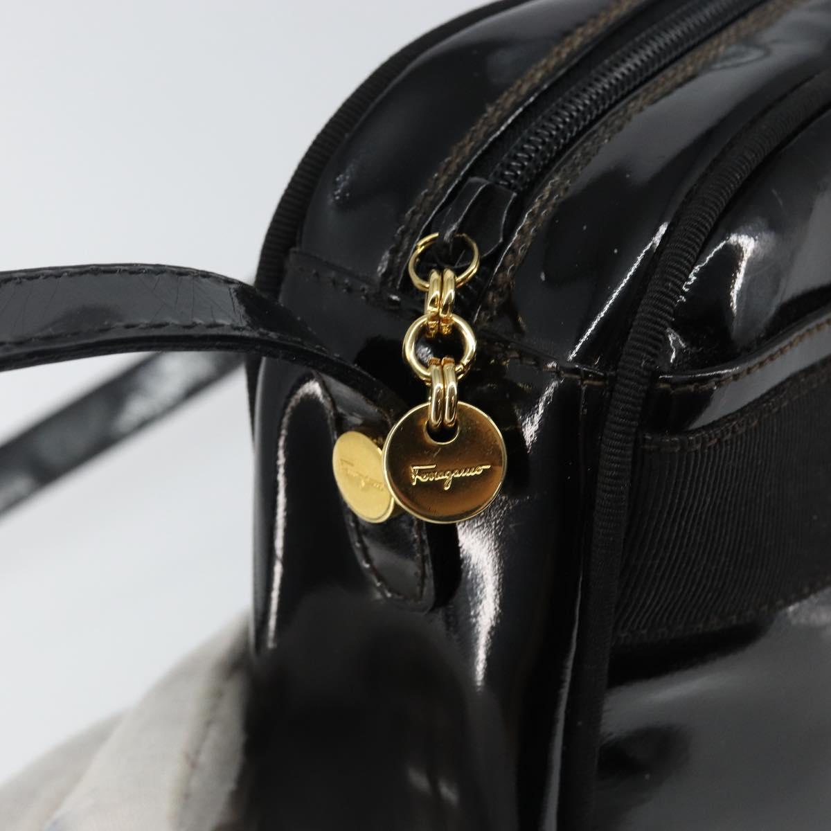 Salvatore Ferragamo Vala Shoulder Bag Enamel Black Gold Auth 143264