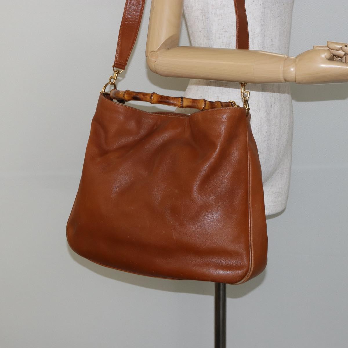 GUCCI Bamboo Hand Bag Leather 2way Beige Silver 001 1577 Auth 143268