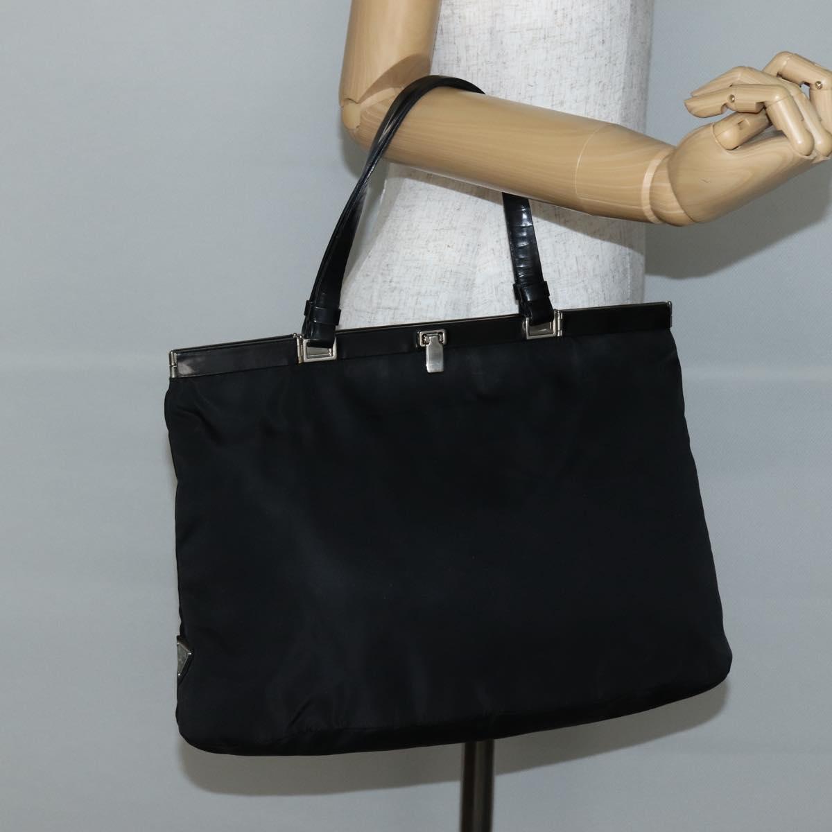 PRADA Tote Bag Nylon Black Silver Auth 143273