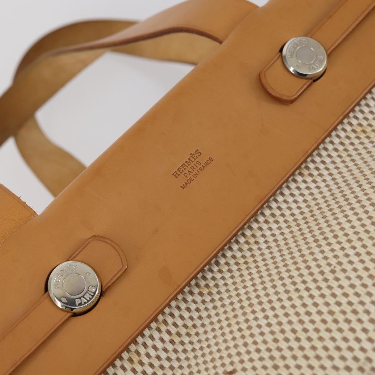 HERMES Her Bag Cabus GM Tote Bag Canvas Leather Beige Auth 143299