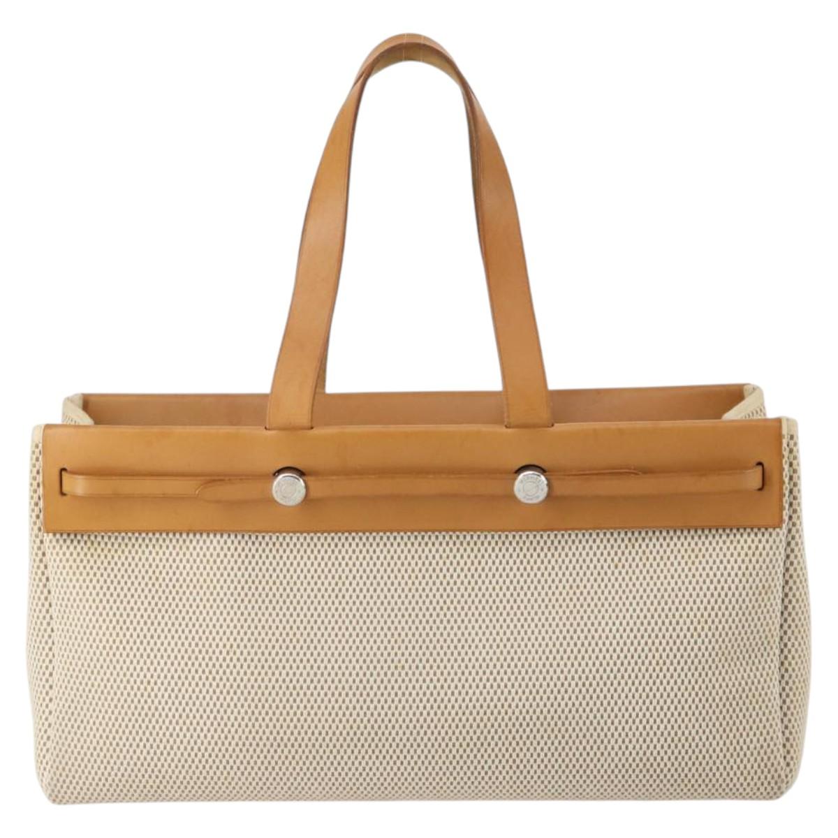 HERMES Her Bag Cabus GM Tote Bag Canvas Leather Beige Auth 143299