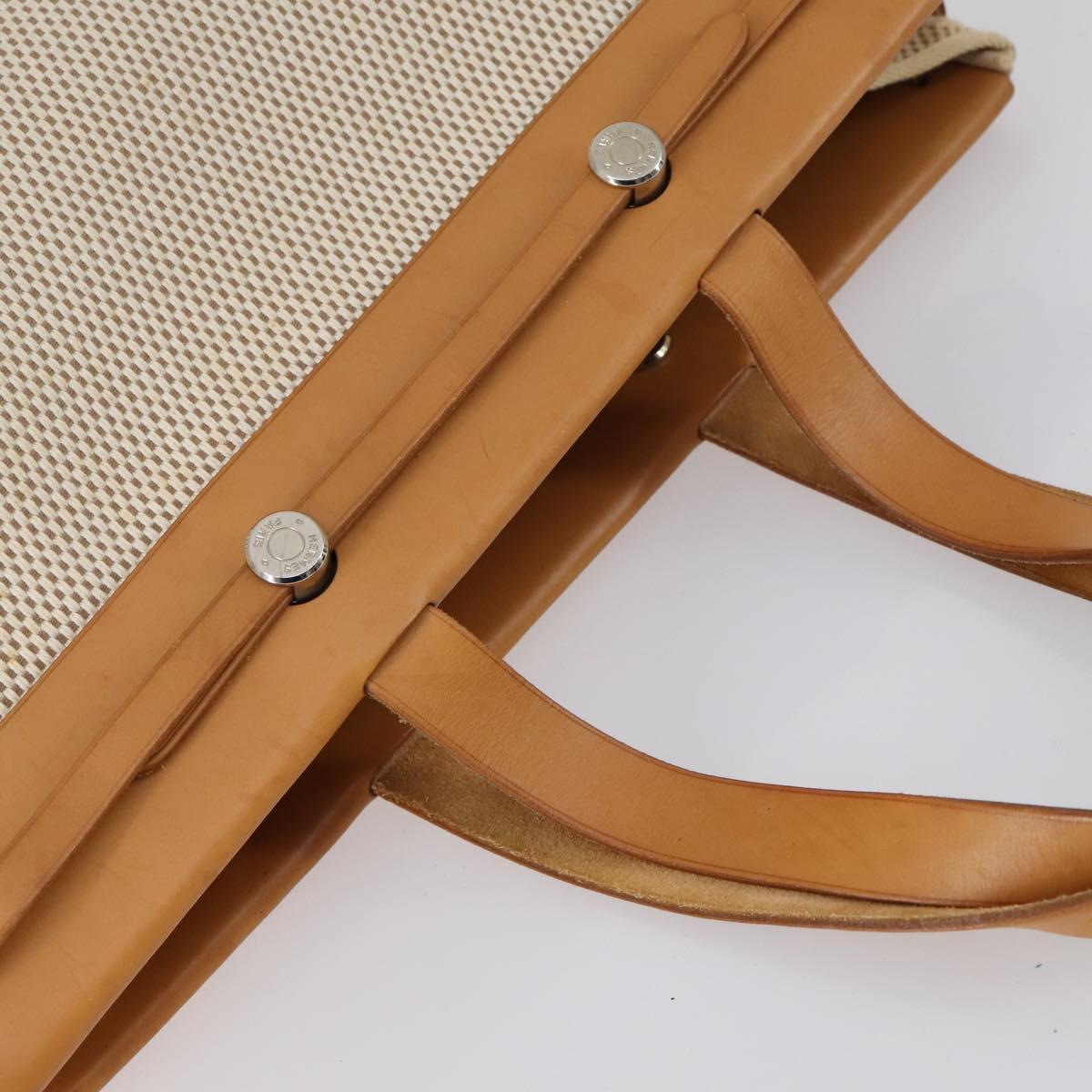 HERMES Her Bag Cabus GM Tote Bag Canvas Leather Beige Auth 143299