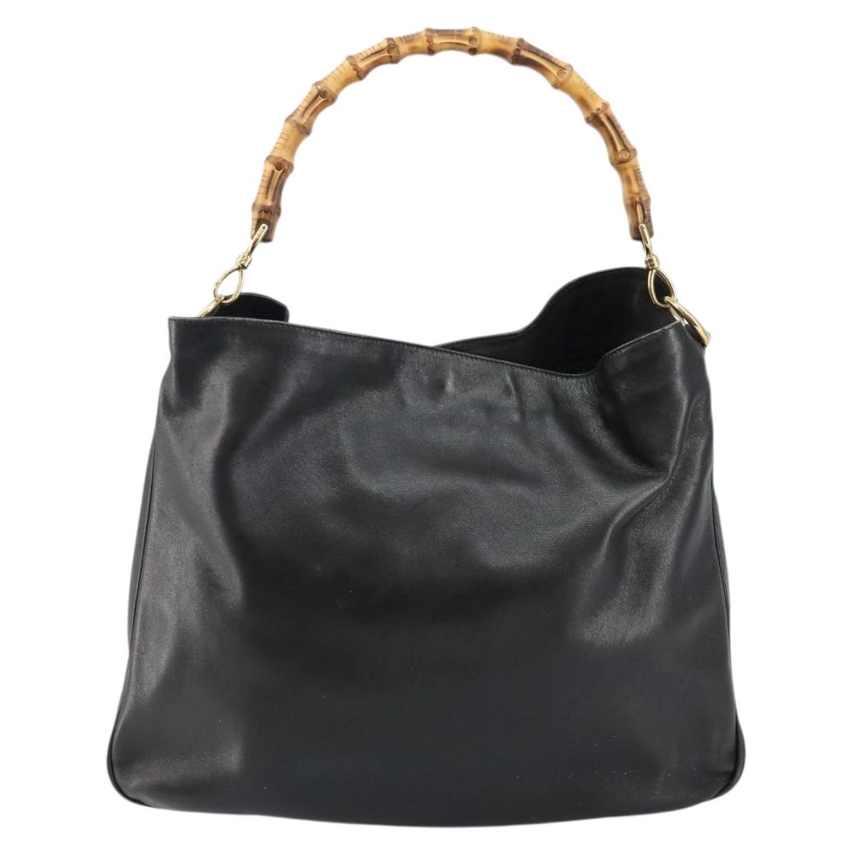 GUCCI Bamboo Hand Bag Leather Black Gold 001 1577 Auth 143300