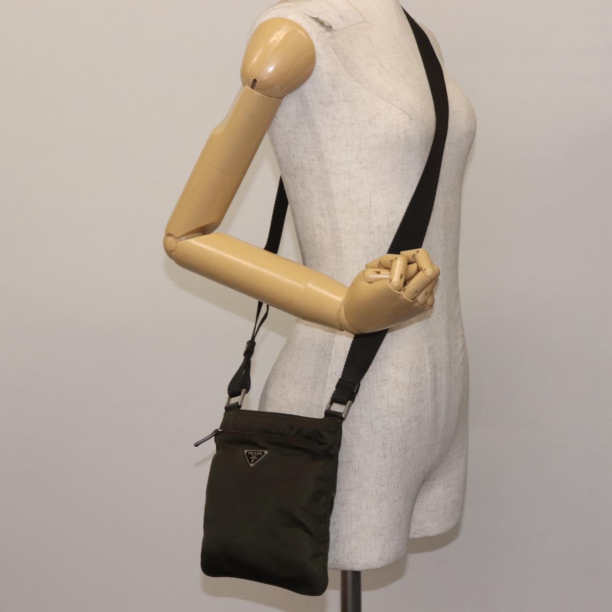 PRADA Shoulder Bag Nylon Khaki Silver Auth 143342
