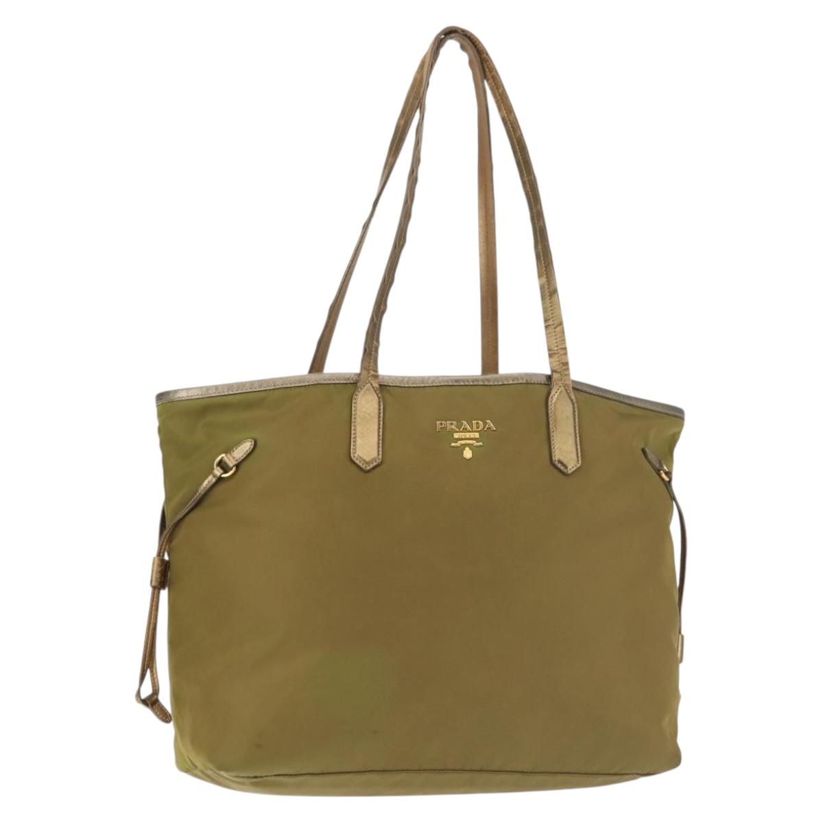 PRADA Tote Bag Nylon Khaki Gold Auth 143347