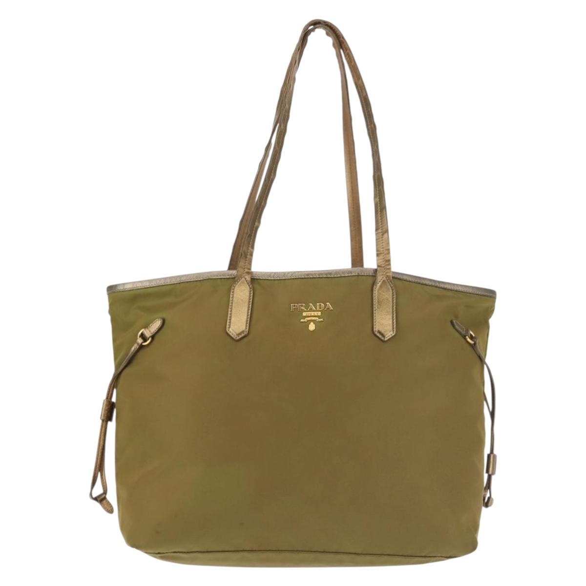 PRADA Tote Bag Nylon Khaki Gold Auth 143347