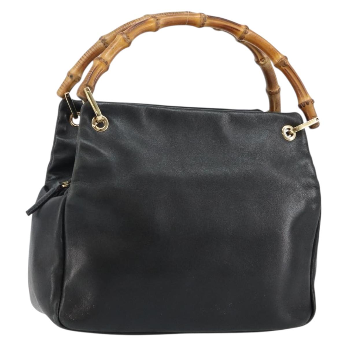 GUCCI Bamboo Hand Bag Leather Black Gold 000 2865 0575 Auth 143348