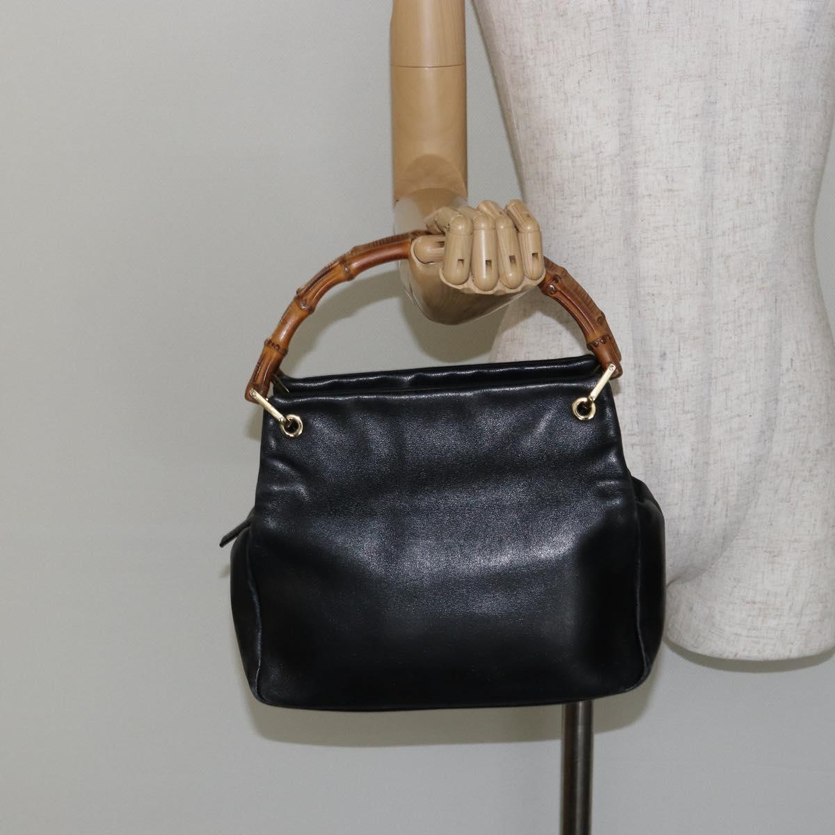 GUCCI Bamboo Hand Bag Leather Black Gold 000 2865 0575 Auth 143348