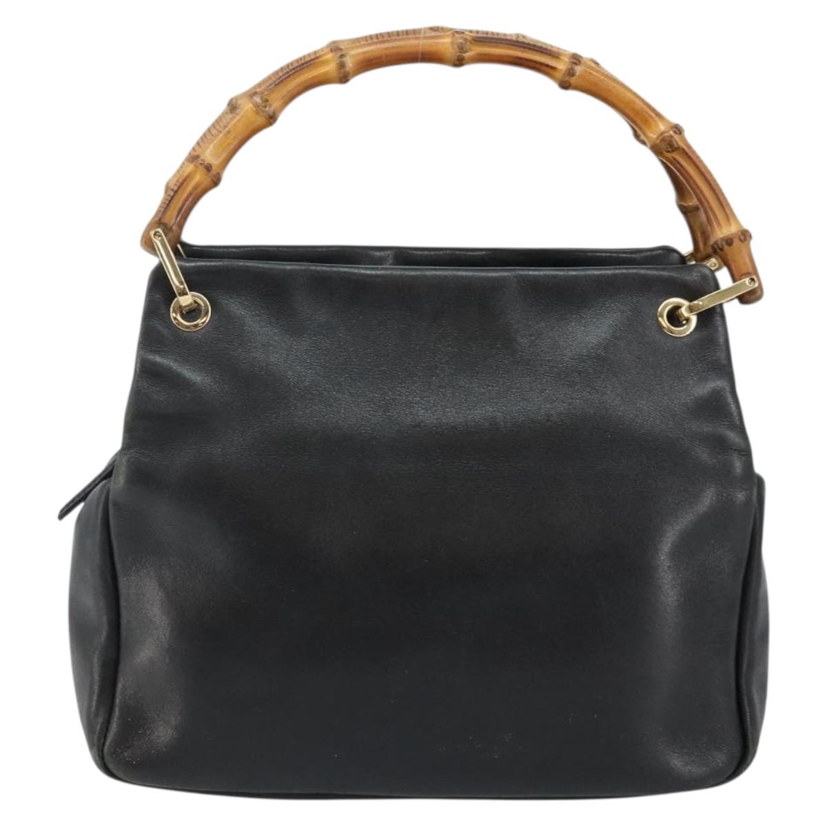 GUCCI Bamboo Hand Bag Leather Black Gold 000 2865 0575 Auth 143348
