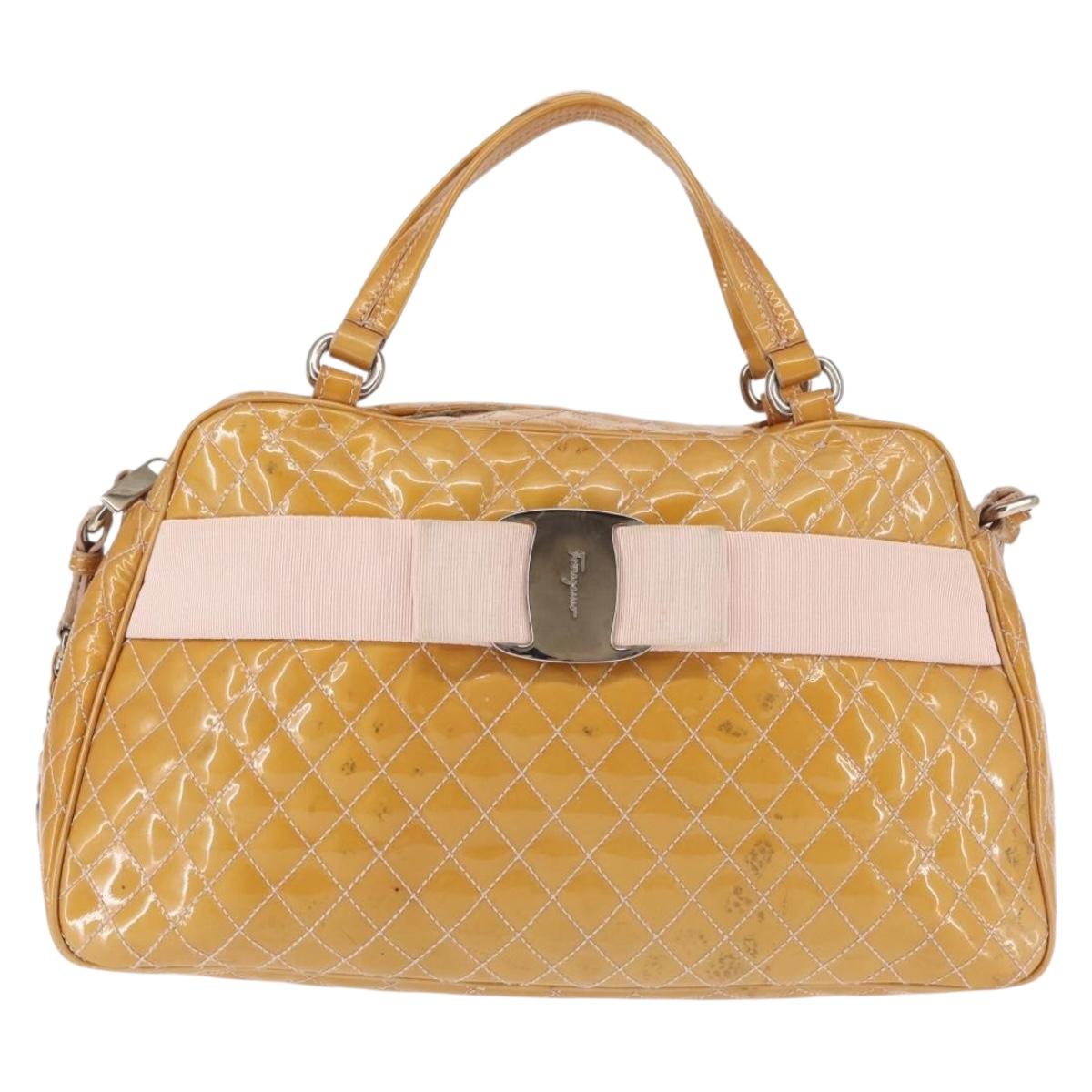 Salvatore Ferragamo Vala Tote Bag Enamel 2way Orange Silver Auth 143352