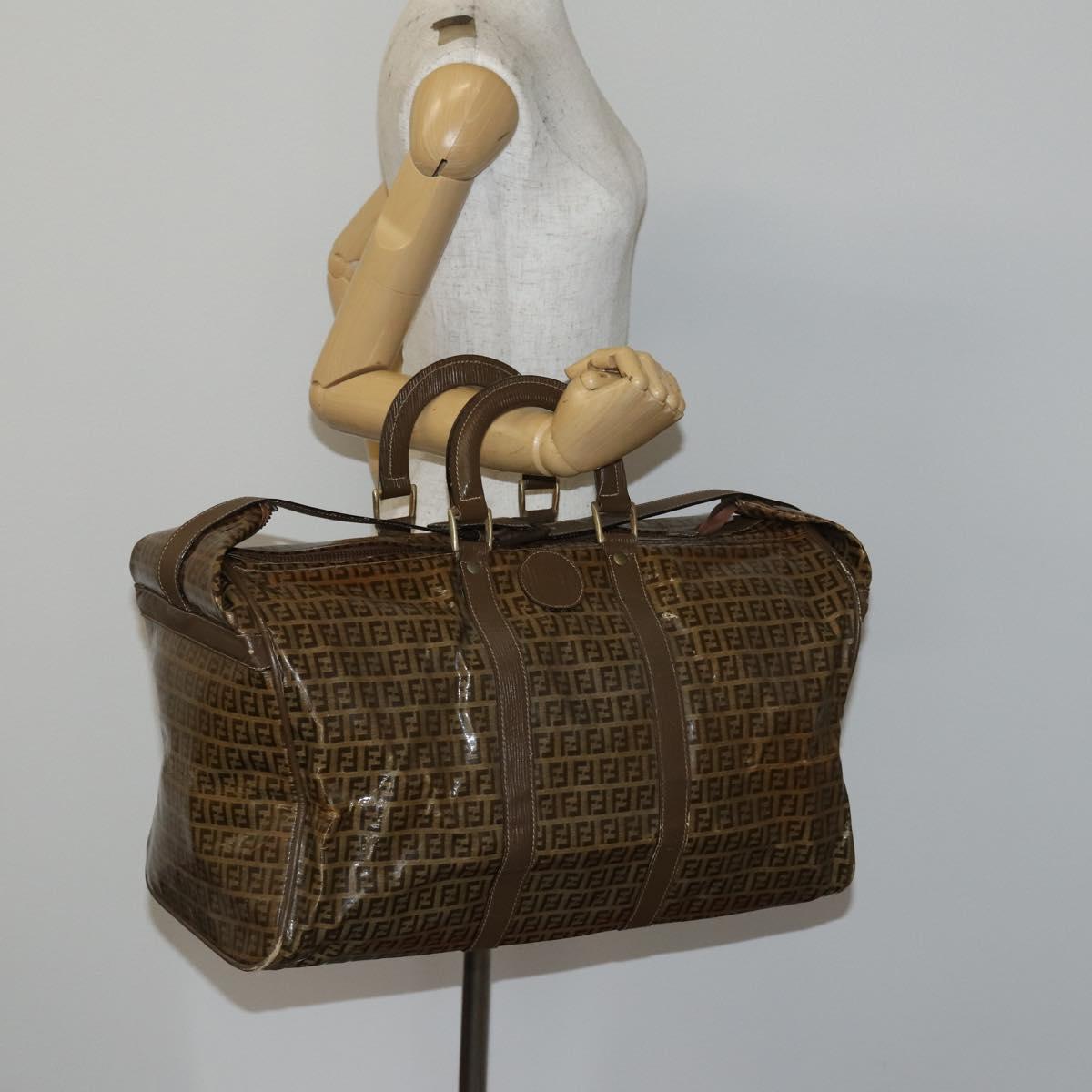 FENDI Zucchino Canvas Boston Bag Coated Canvas Brown Gold Auth 143353