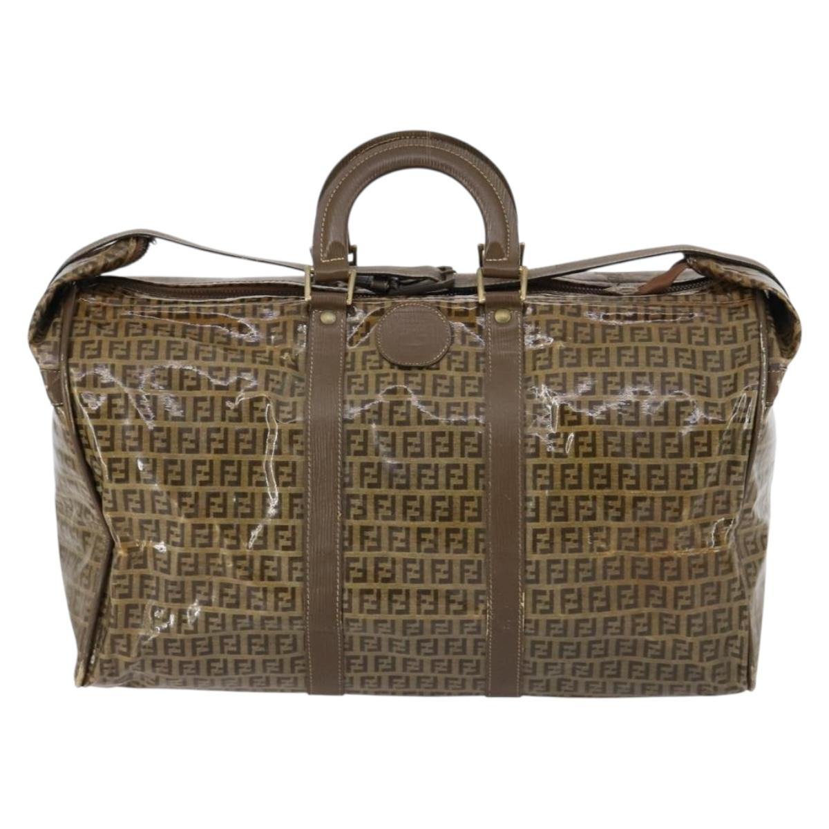 FENDI Zucchino Canvas Boston Bag Coated Canvas Brown Gold Auth 143353