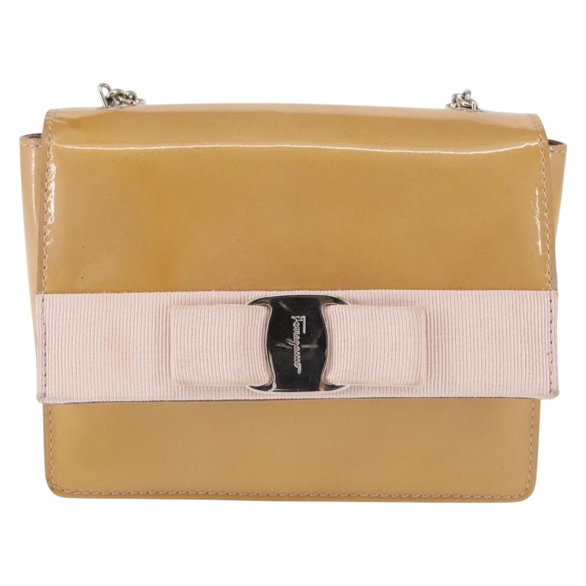 Salvatore Ferragamo Chain Vala Shoulder Bag Enamel Beige Silver Auth 143357