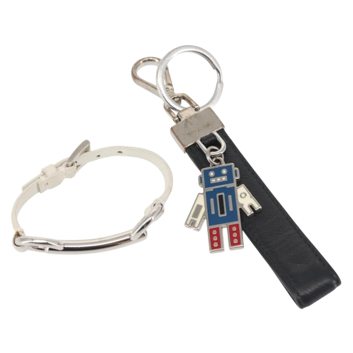 PRADA Charm Metal Leather 2Set Black Silver Auth 143381