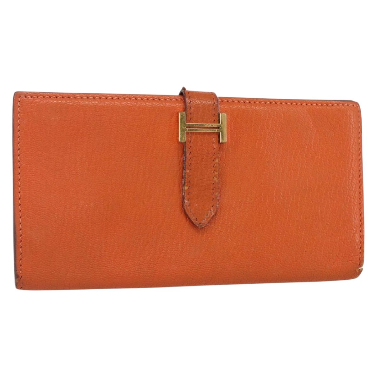 HERMES Bean Soufflé Wallet Leather Orange Auth 143412