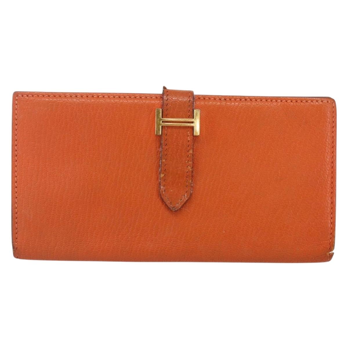 HERMES Bean Soufflé Wallet Leather Orange Auth 143412