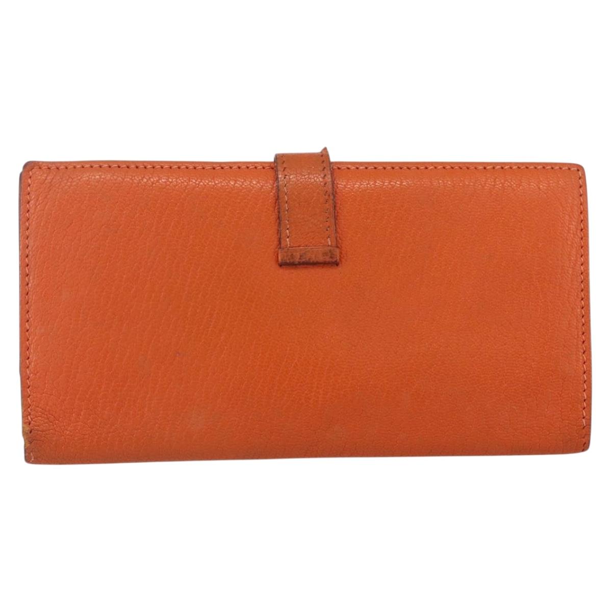 HERMES Bean Soufflé Wallet Leather Orange Auth 143412