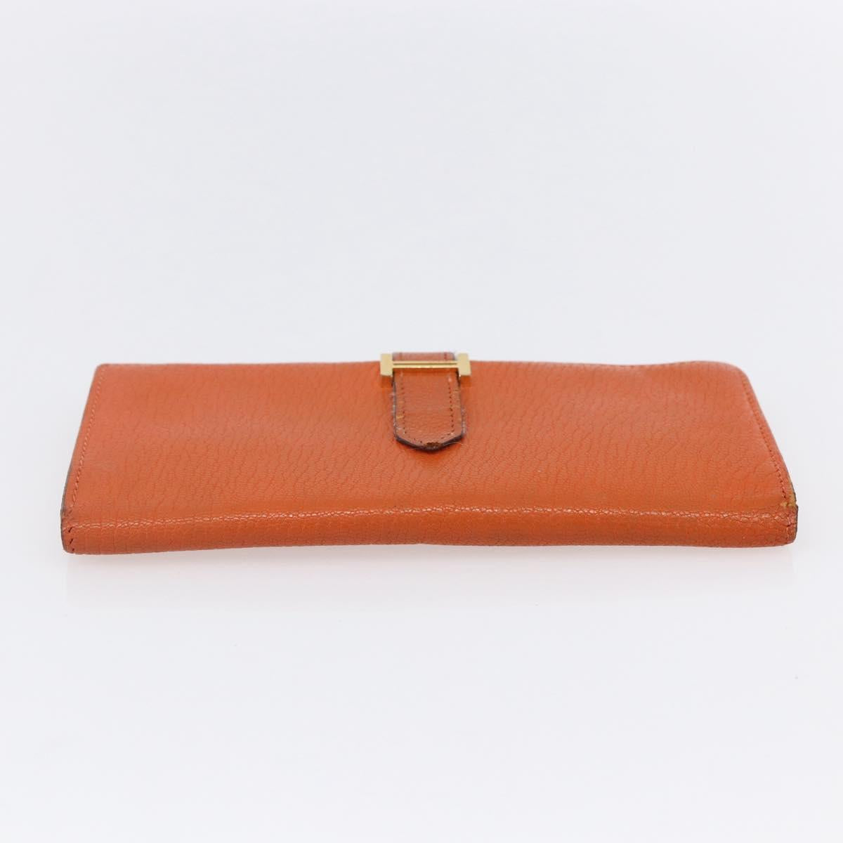 HERMES Bean Soufflé Wallet Leather Orange Auth 143412