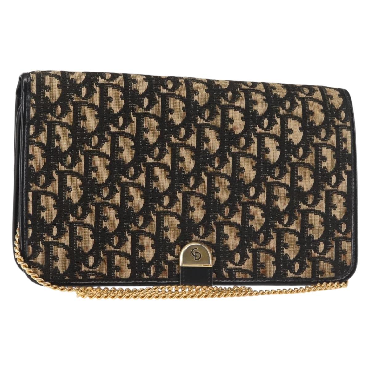 Christian Dior Trotter Canvas Shoulder Bag Navy Gold Auth 143495