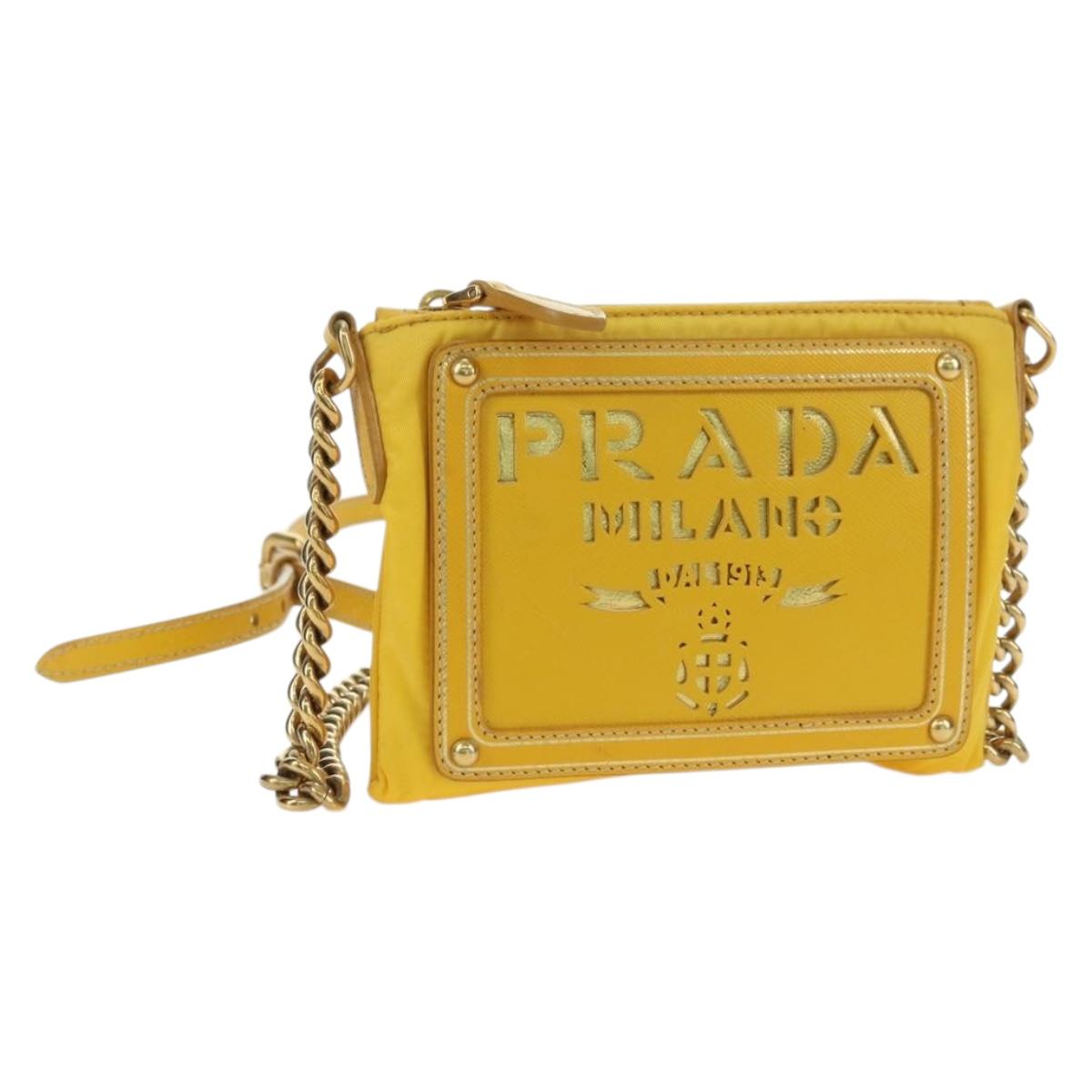 PRADA Chain Shoulder Bag Nylon Leather Yellow Gold Auth 143507