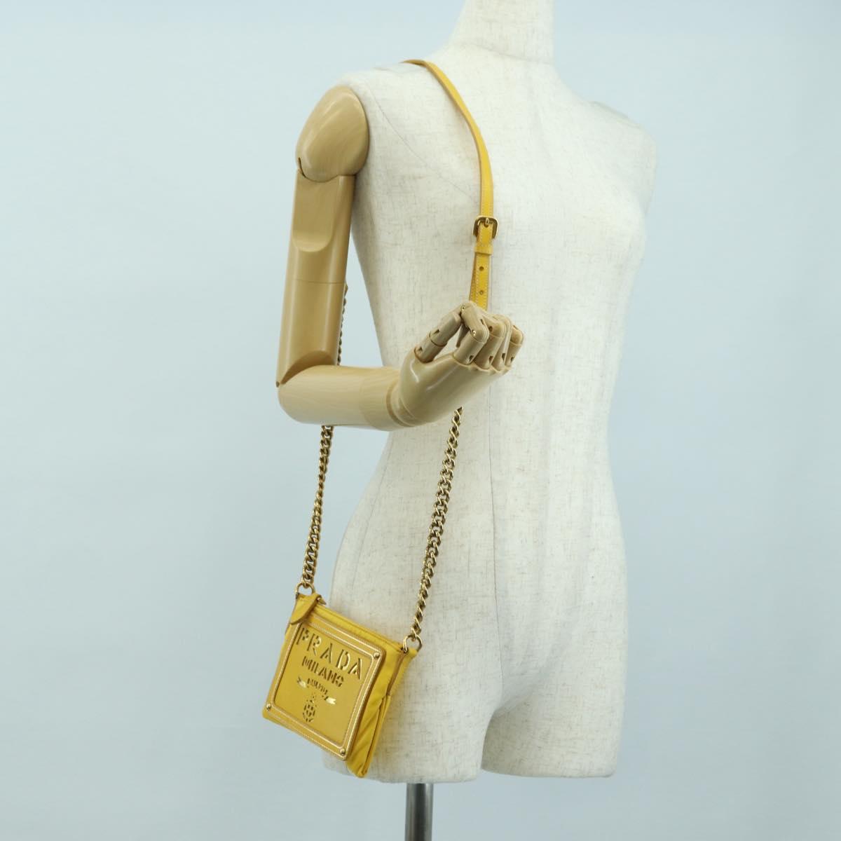 PRADA Chain Shoulder Bag Nylon Leather Yellow Gold Auth 143507