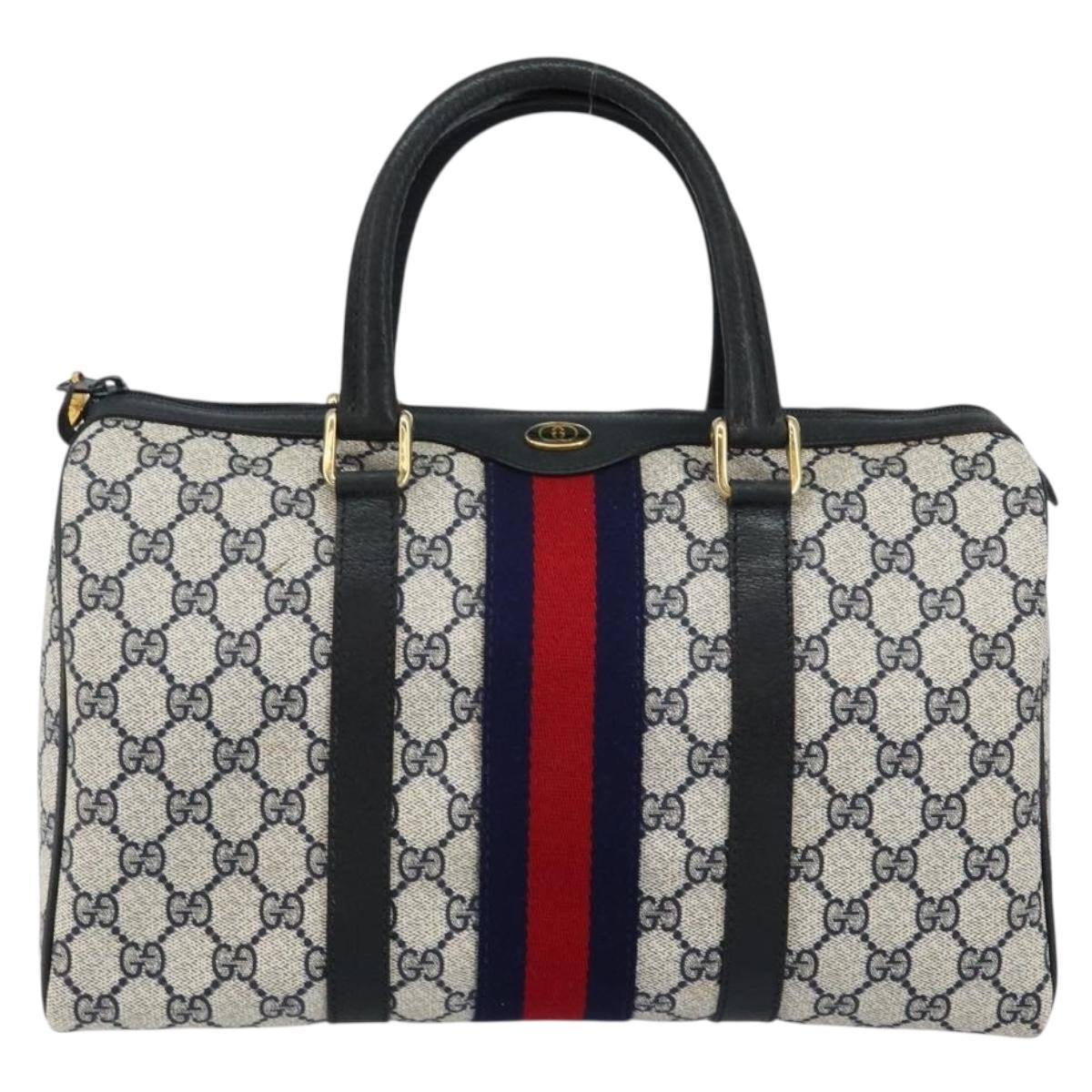 GUCCI GG Supreme Sherry Line Boston Bag PVC Navy Gold Red Auth 143577