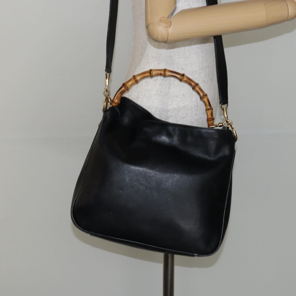 GUCCI Bamboo Hand Bag Leather 2way Black Gold Auth 143579