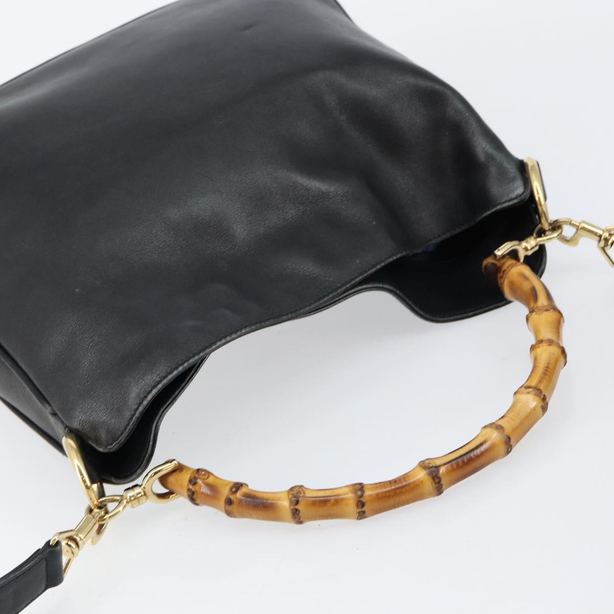 GUCCI Bamboo Hand Bag Leather 2way Black Gold Auth 143579
