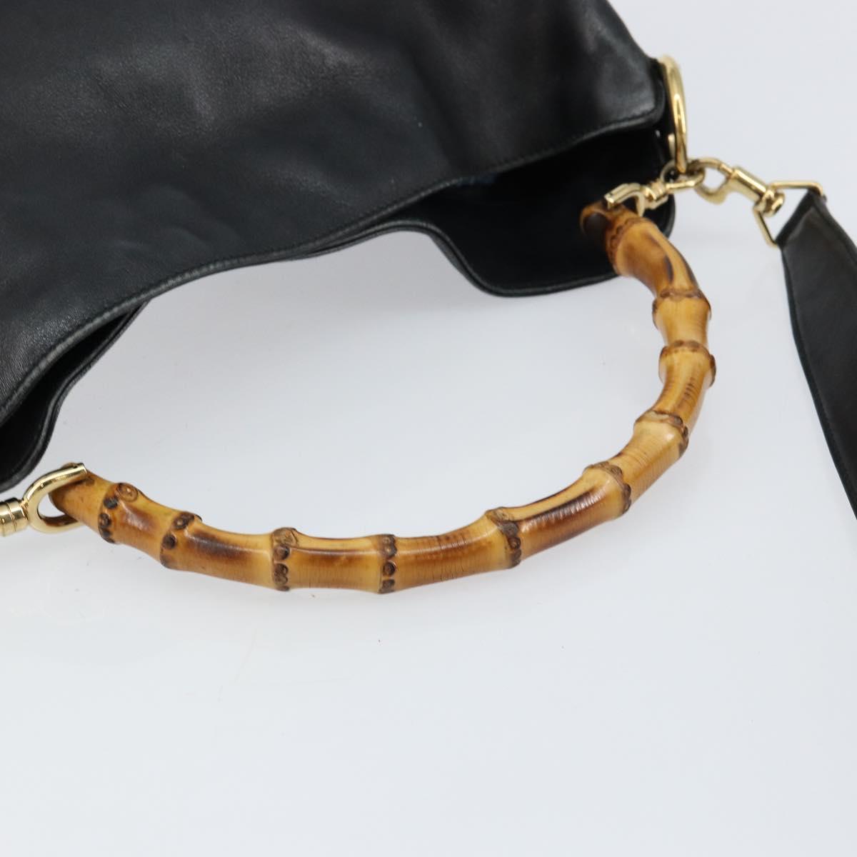 GUCCI Bamboo Hand Bag Leather 2way Black Gold Auth 143579