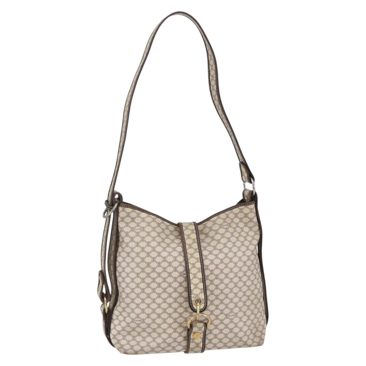 CELINE Macadam Canvas Shoulder Bag PVC Leather White gold Auth 143583