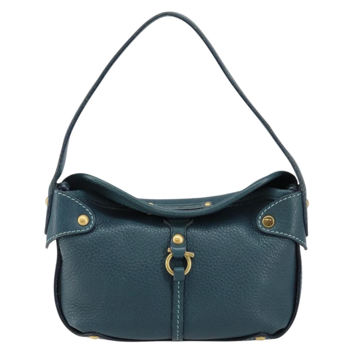 Salvatore Ferragamo Gancini Shoulder Bag Leather Blue Gold Auth 143587