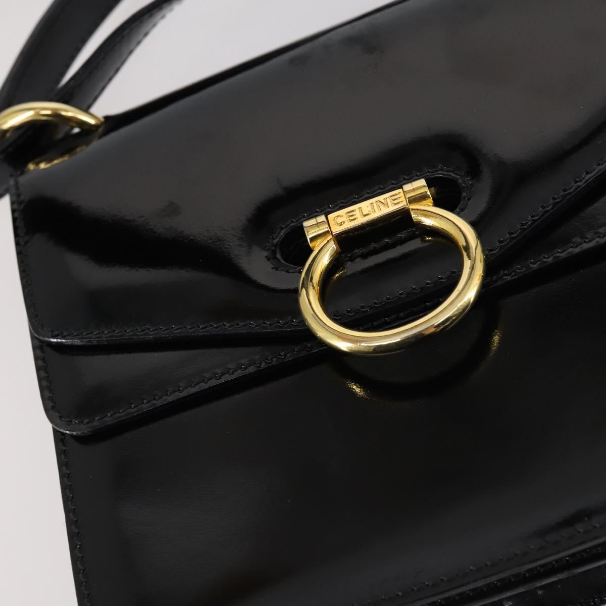 CELINE Hand Bag Enamel 2way Black Gold Auth 143592