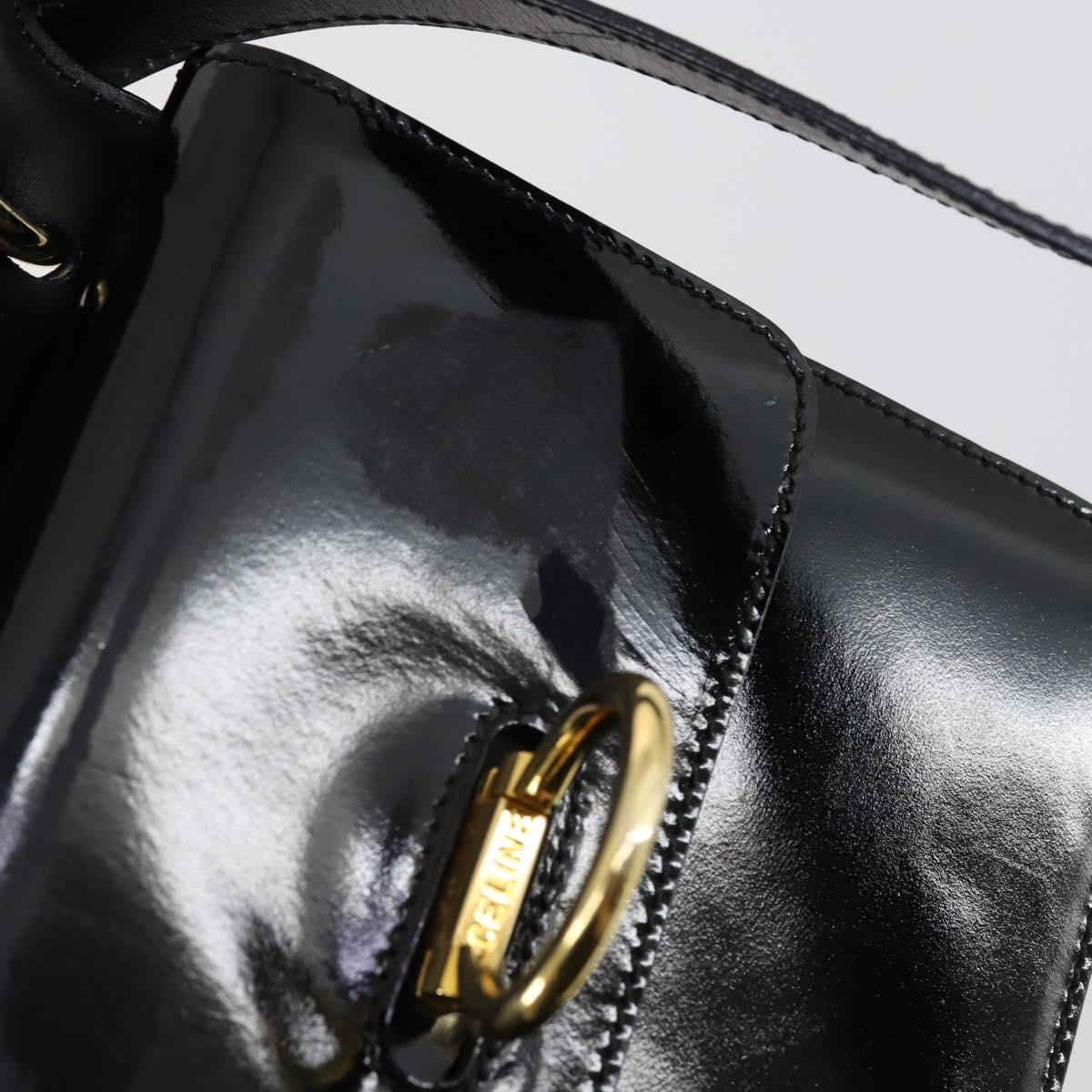 CELINE Hand Bag Enamel 2way Black Gold Auth 143592