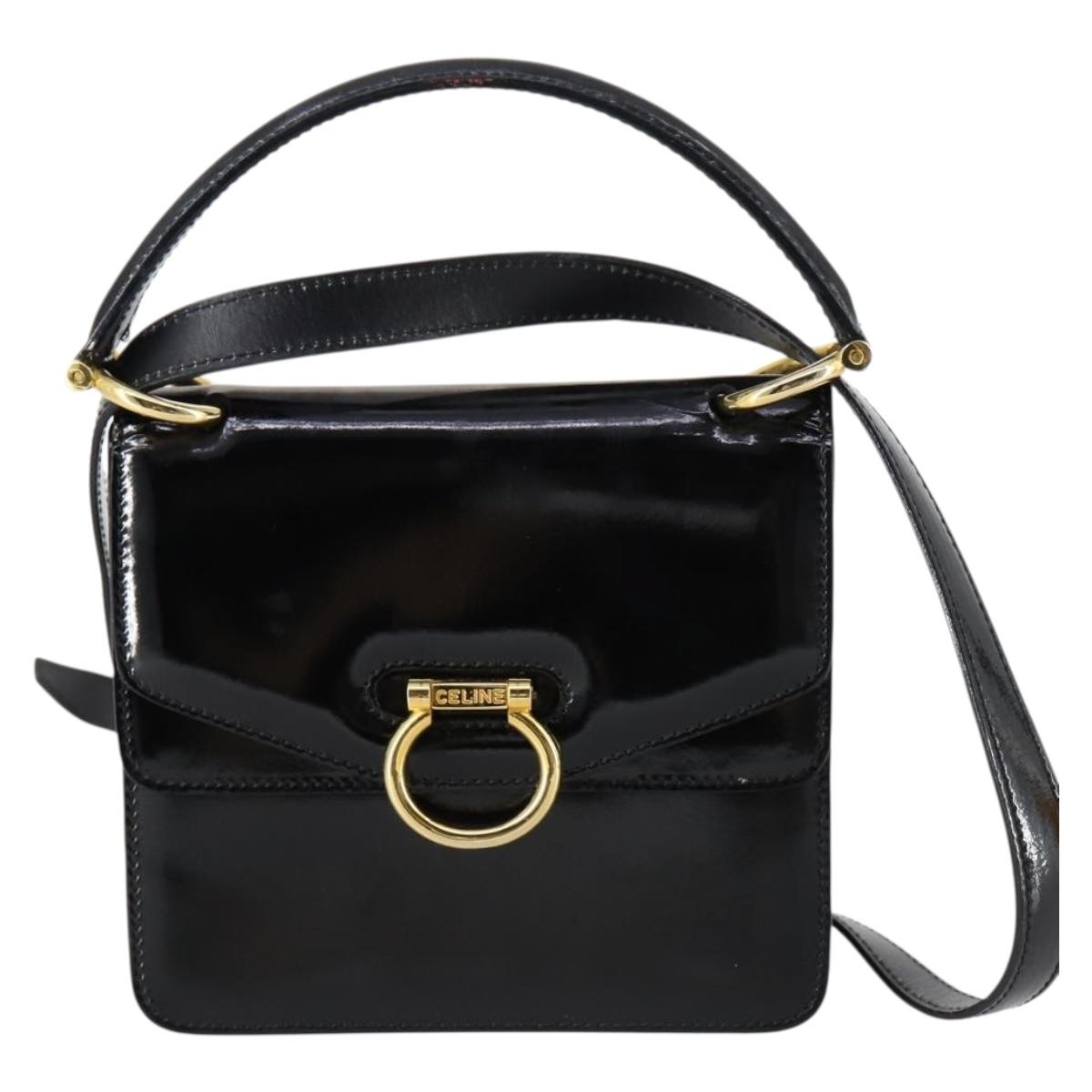 CELINE Hand Bag Enamel 2way Black Gold Auth 143592