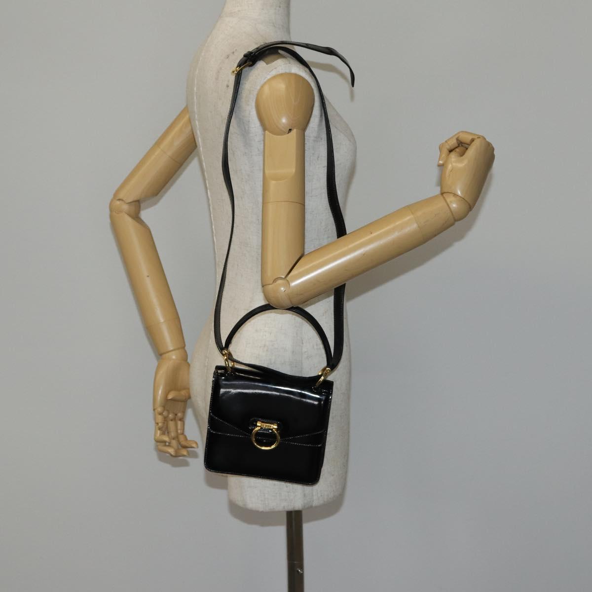 CELINE Hand Bag Enamel 2way Black Gold Auth 143592