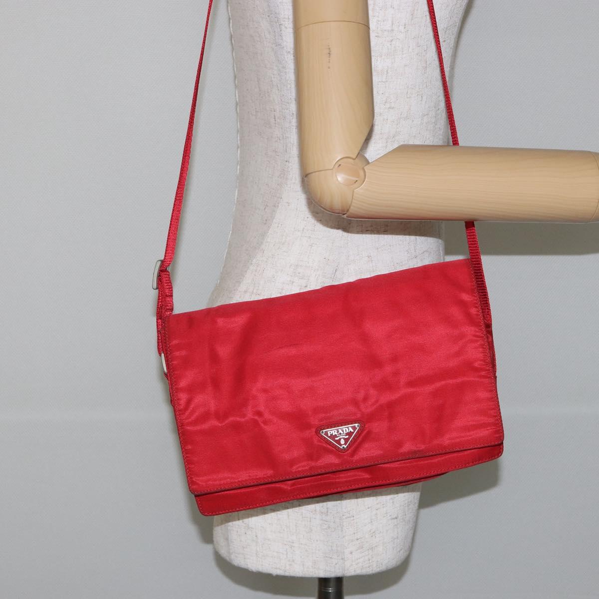 PRADA Shoulder Bag Nylon Red Silver Auth 143596