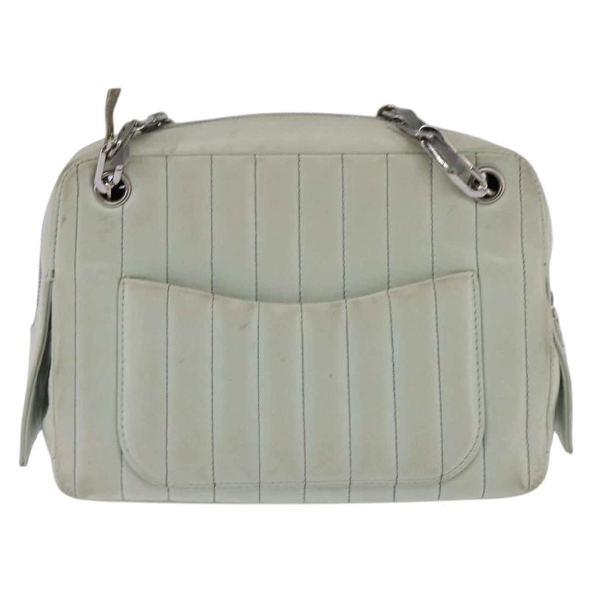 CHANEL Mademoiselle Chain Shoulder Bag Leather Silver Light green CC Auth 143605