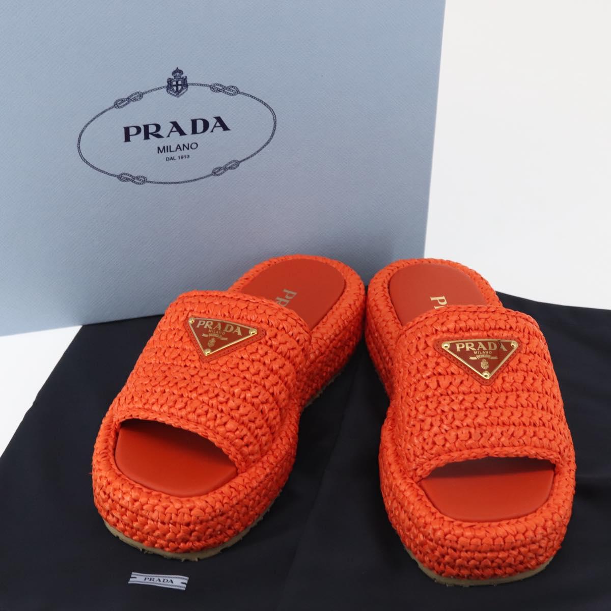 PRADA Flat Form Sandals Raffia Orange Auth 143606