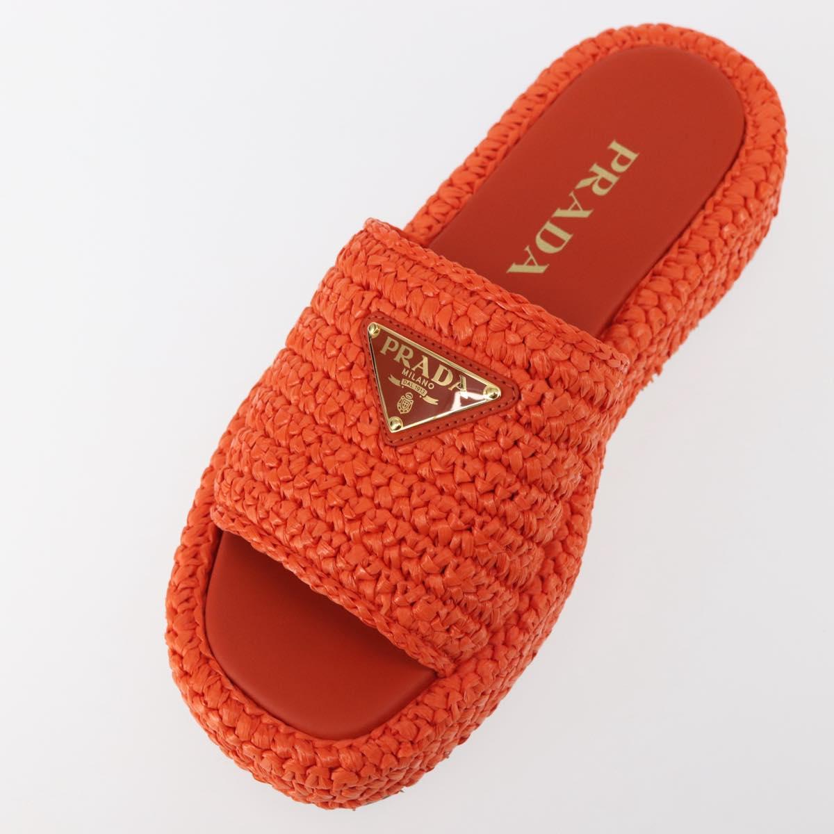 PRADA Flat Form Sandals Raffia Orange Auth 143606