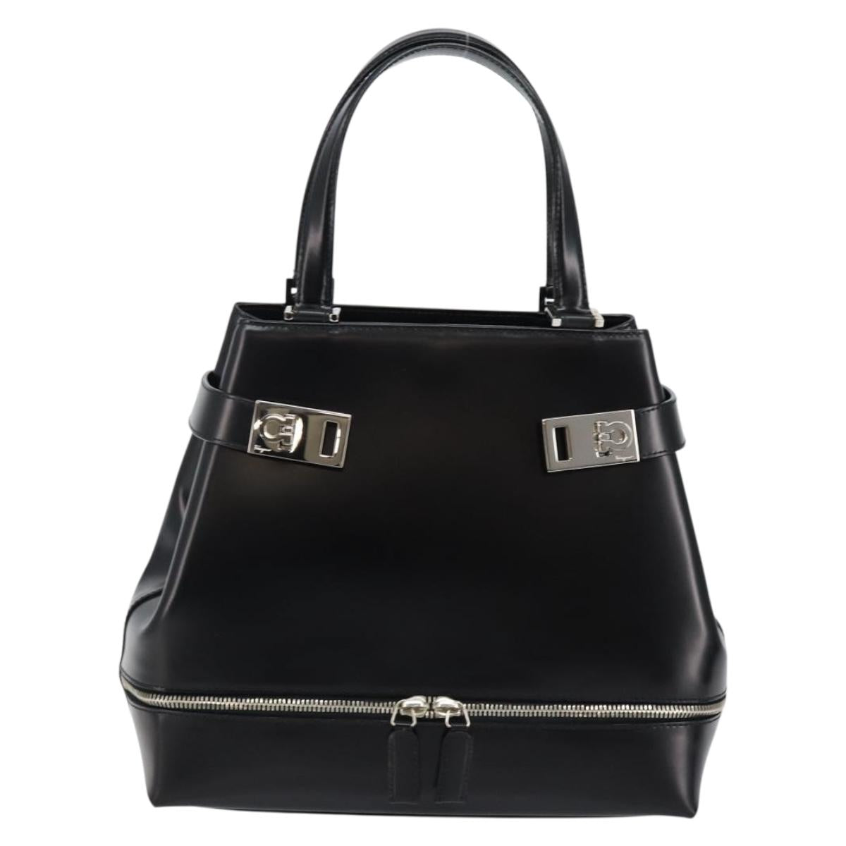 Salvatore Ferragamo Gancini Hand Bag Leather Black Silver Auth 143654V