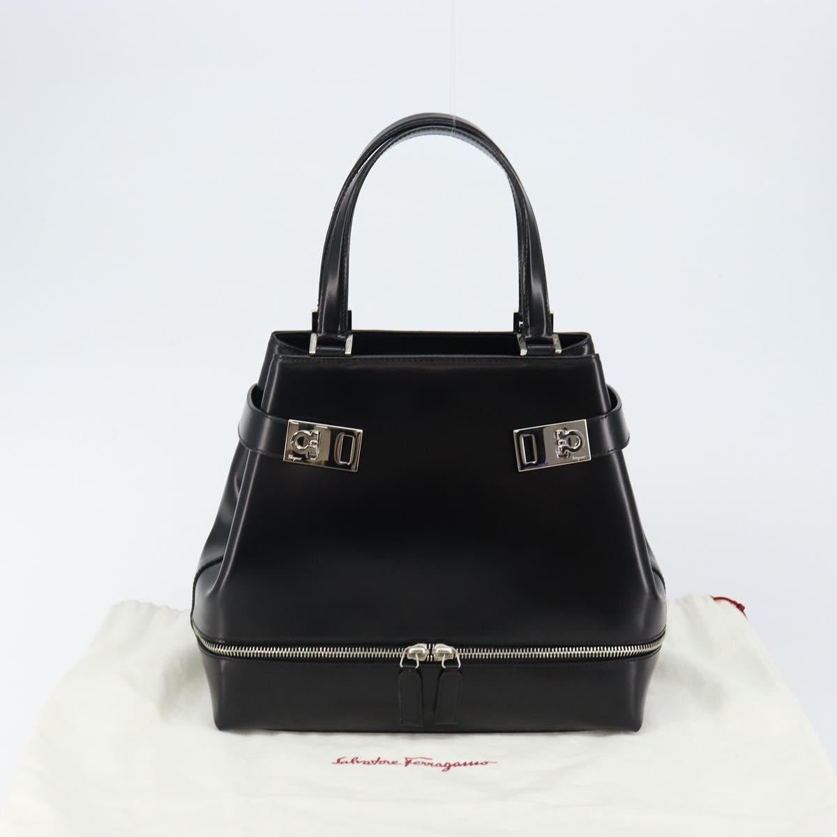Salvatore Ferragamo Gancini Hand Bag Leather Black Silver Auth 143654V