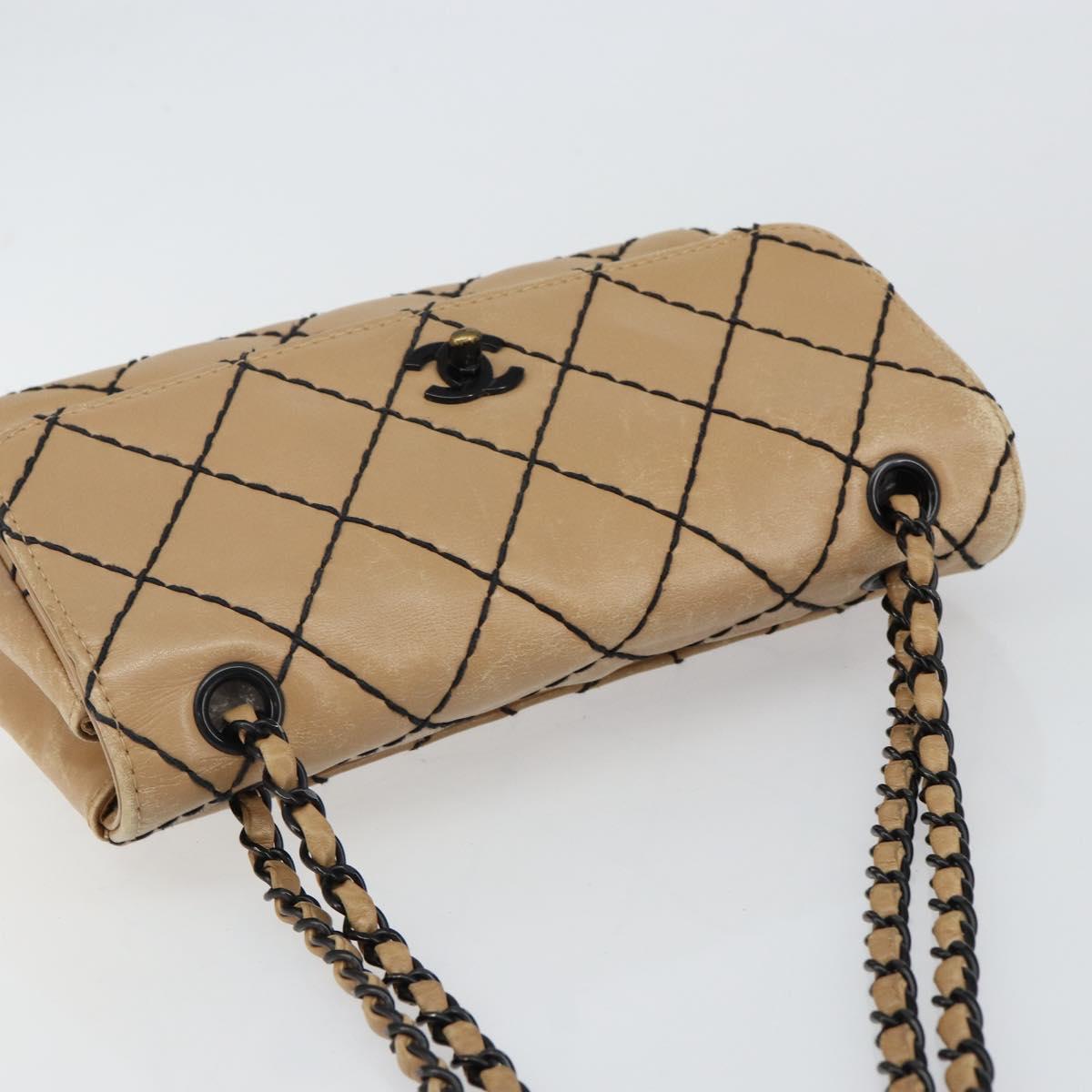 CHANEL Wild Stitch Chain Shoulder Bag Leather Beige CC Auth 143657