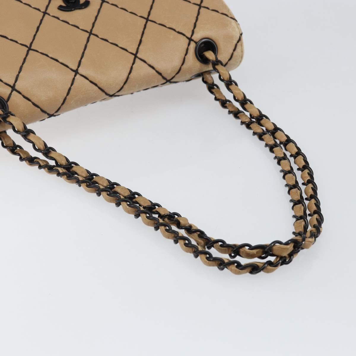 CHANEL Wild Stitch Chain Shoulder Bag Leather Beige CC Auth 143657