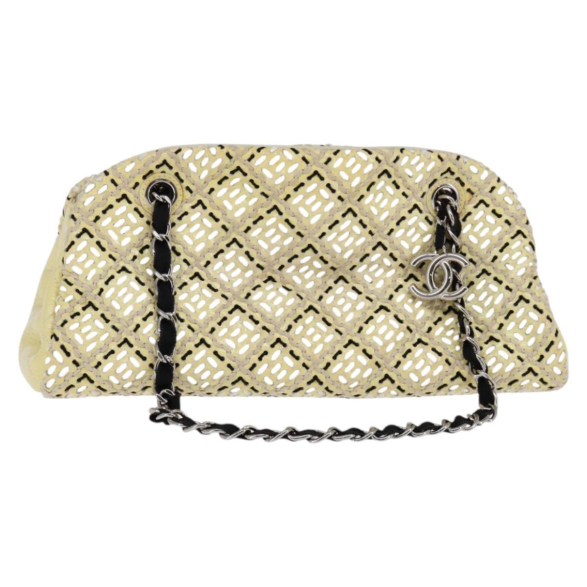 CHANEL Chain Shoulder Bag Enamel Cream Silver CC Auth 143658