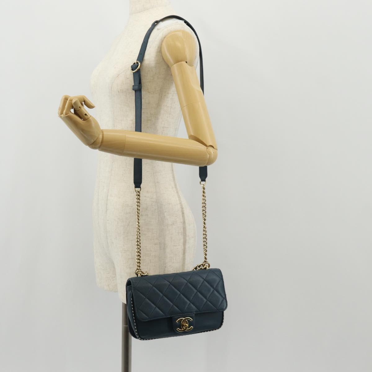 CHANEL Matelasse 20 Chain Shoulder Bag Caviar Skin Blue Gold CC Auth 143659AM