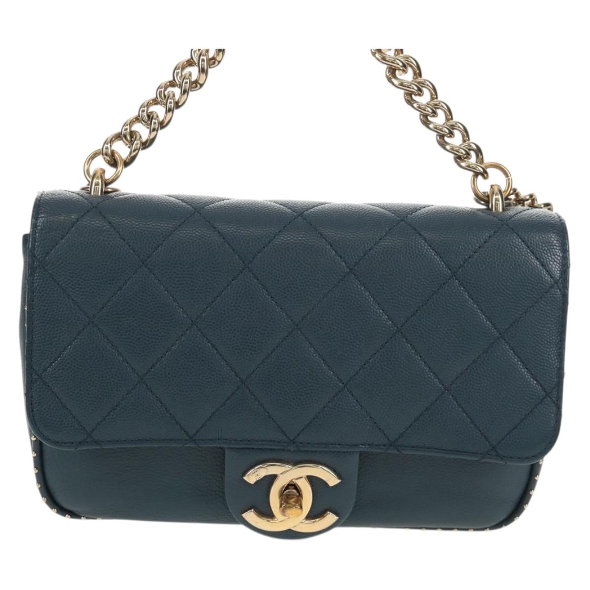 CHANEL Matelasse 20 Chain Shoulder Bag Caviar Skin Blue Gold CC Auth 143659AM