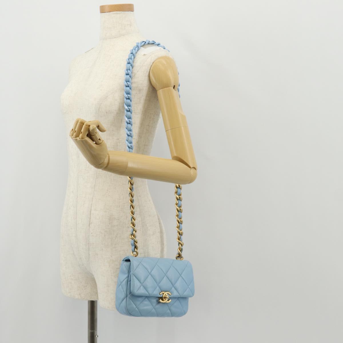CHANEL Matelasse Chain Shoulder Bag Lamb Skin Light Blue Gold CC Auth 143660SAM