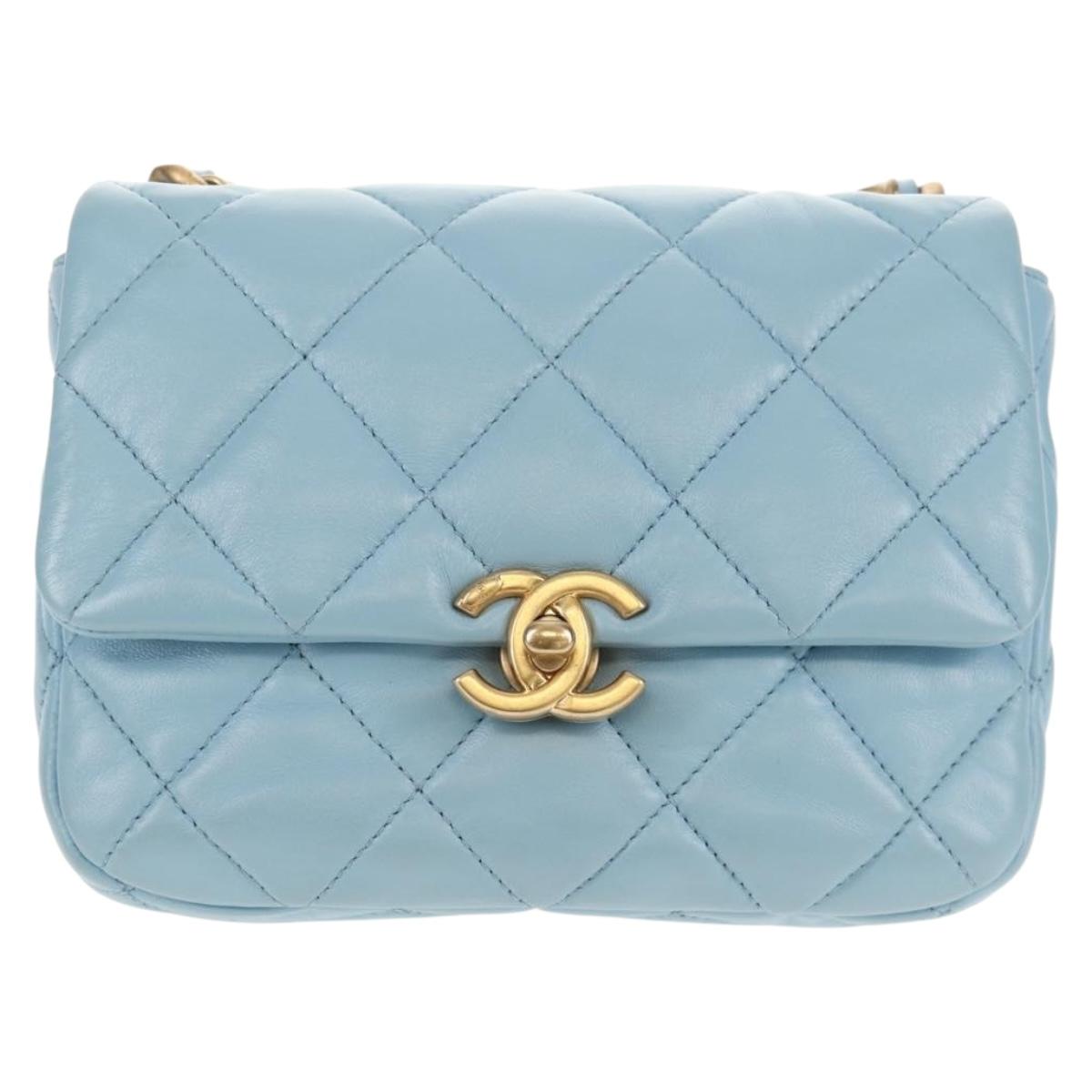 CHANEL Matelasse Chain Shoulder Bag Lamb Skin Light Blue Gold CC Auth 143660SAM